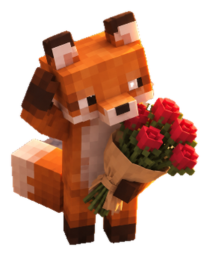 shyfox, a blocky orange fox, holding a bouquet of red roses and shyly covering his face with one paw