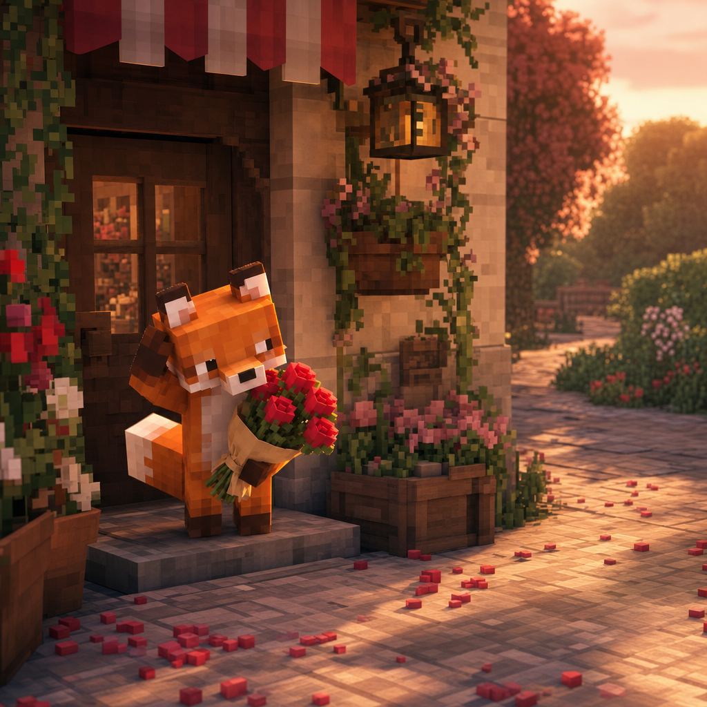 shyfox waiting beside a flower shop door at sunset, holding red roses, with rose petals scattered on the cobblestones
